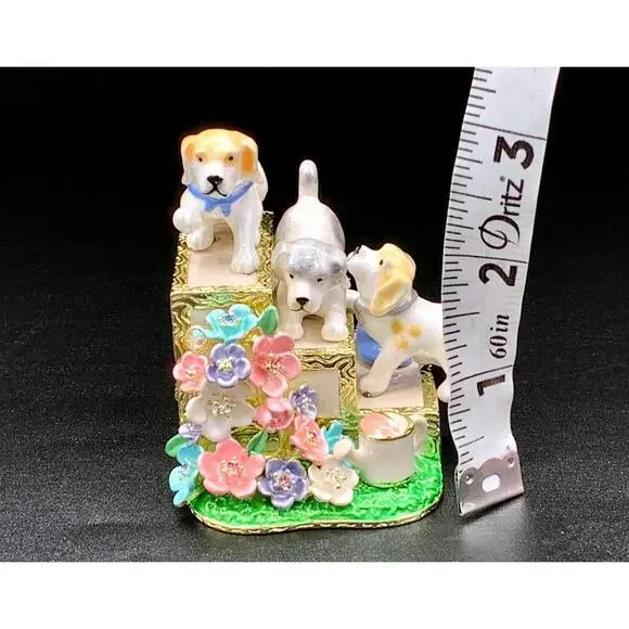 Puppy Dog Trinket Box Enamel Hinged Floral Garden Keepsake Figurine